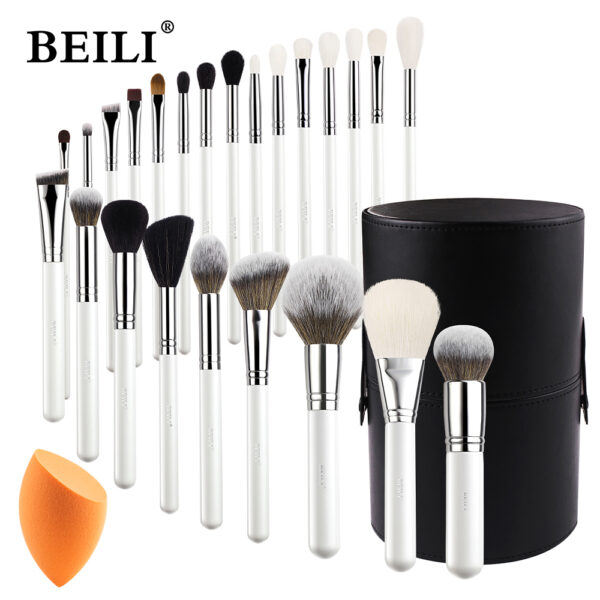 BEILI Makeup Brushes Set 24pcs Make Up Tools for Women Foundation Powder Eyeshadow Blush Brush Natural Goat Hair White/Silver